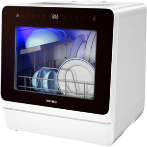 Hermitlux countertop dishwasher glass door view of spray arms cleaning dishes UK